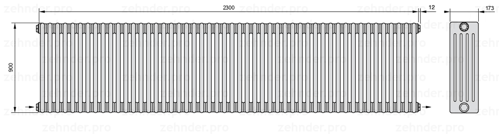 Схема (чертеж) Радиатор Zehnder Charleston 5090/50 №2670 Белый глянцевый RAL 9016